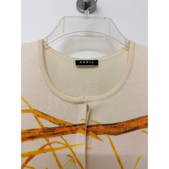 Akris Grass Print Silk Cardigan Sweater Yellow Straw Hay Stripe Button Down 10 - Picture 5 of 16